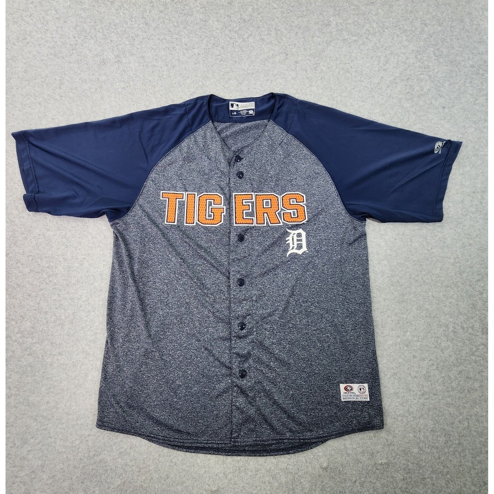 Detroit Tigers MLB Jersey Mens Size Large True Fan Button Up Gray Navy Shirt